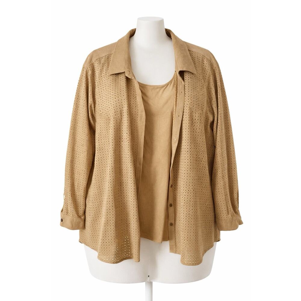 White Stag Plus 26W 28W Cappuccino Mesh Button Front Blouse Jacket Lined